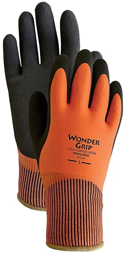 A close up of the Wondergrip Insulated Work Gloves in orange and black isolated on a white background.