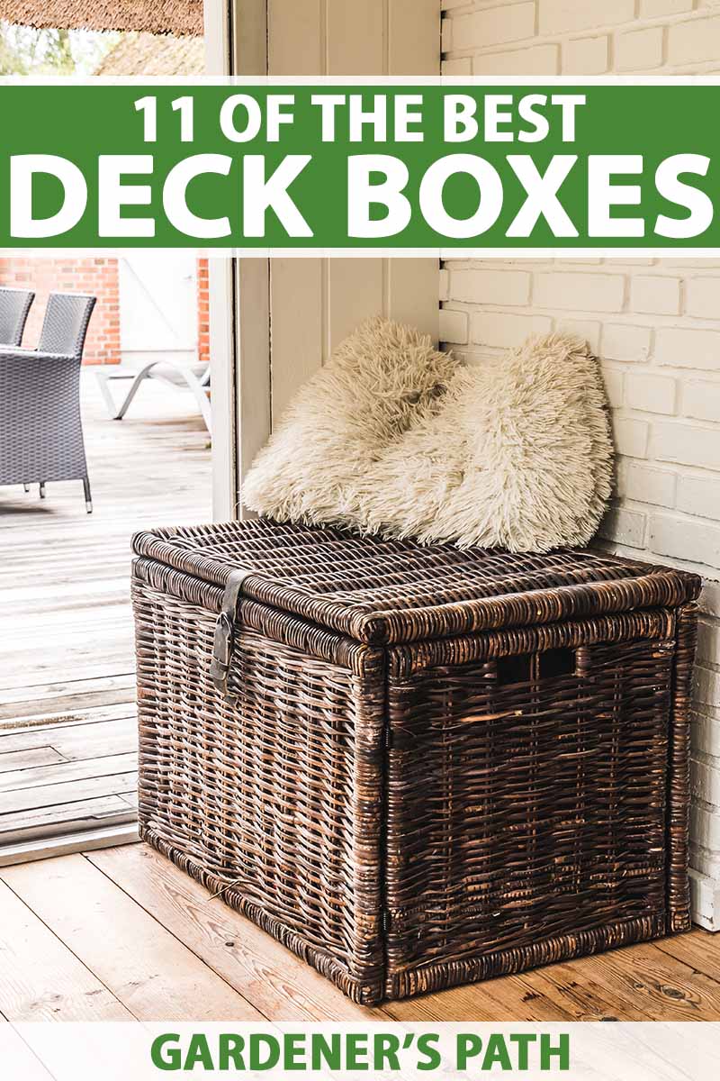 A vertical image of an old wicker deck box with a fluffy pillow on the top, set on a wooden floor just inside the back door, with a deck and patio scene in the background. To the top and bottom of the frame is green and white printed text.