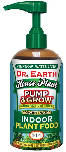 A close up of a bottle of Dr Earth Pump and Grow Indoor Plant Food pictured on a white background.