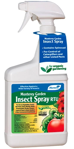 A spray bottle of Monterey Garden Insect Spray isolated on a white background.
