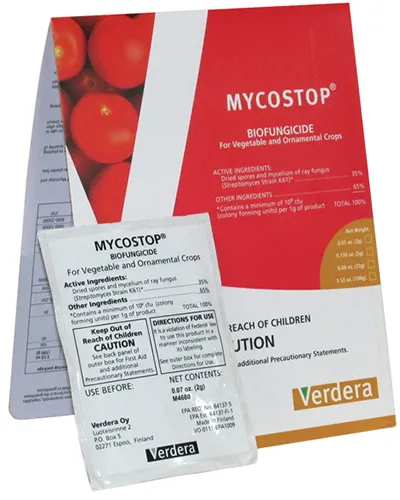 A close up of the packaging of MycoStop Biofungicide isolated on a white background.