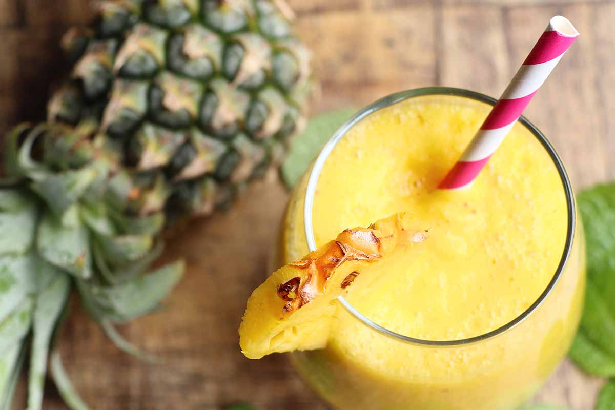 A close up horizontal image of a freshly prepared pineapple smoothie with a red and white straw.