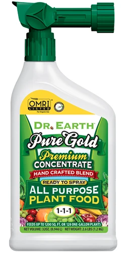 A close up of a spray bottle of Dr Earth Pure Gold Premium Concentrate All Purpose Plant Food isolated on a white background.
