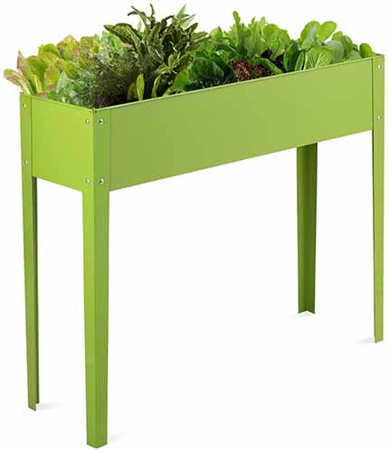 A close up of a green metal elevated plant stand isolated on a white background.