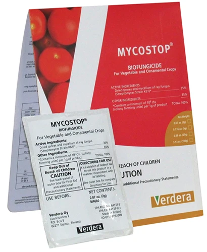 A close up of the packaging of Mycostop biofungicide isolated on a white background.