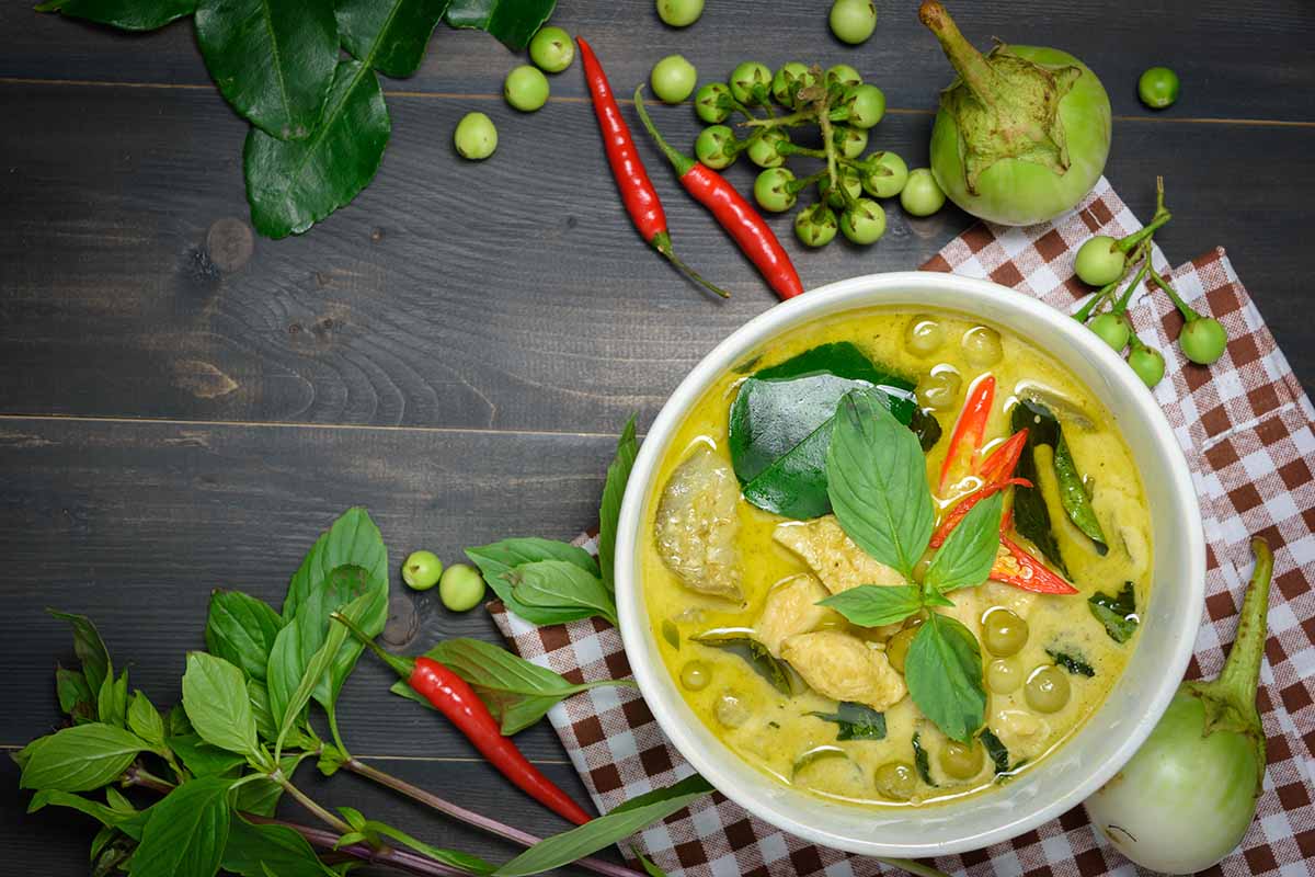 A top down horizontal image of a freshly prepared Thai curry in a white bowl on a checked dishcloth on a wooden surface, with vegetables and herbs scattered around.