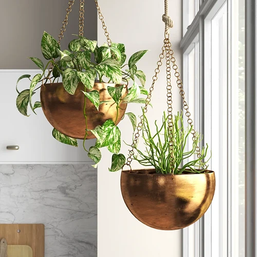 A close up of two metal pots suspended from the ceiling using chains, situated by a window with two houseplants growing in them.