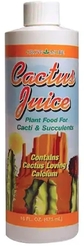 A close up of a bottle of Cactus Juice plant food for succulents isolated on a white background.