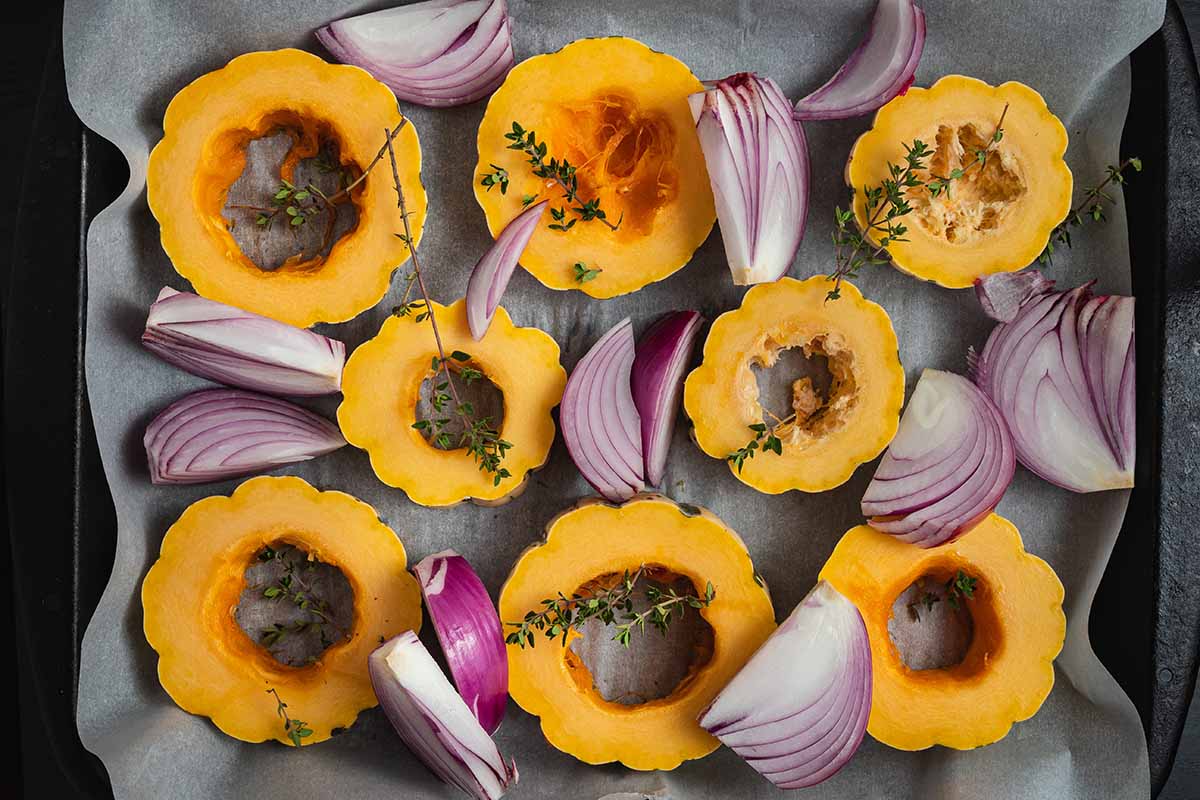 A close up top down image of slices of 'Delicata' squash in a lined baking tray with red onions and thyme.