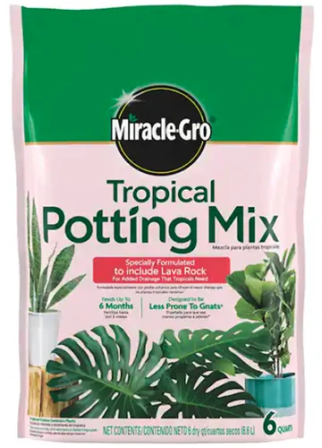 A close up of the packaging of Miracle Gro Tropical Potting Mix isolated on a white background.