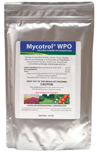 A close up of the packaging of Mycotrol WPO isolated on a white background.