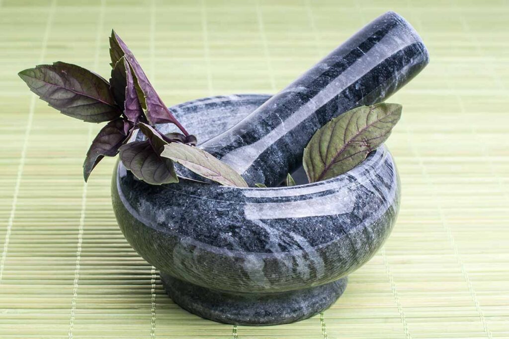 A close up horizontal image of 'Red Rubin' basil in a pestle and mortar set on a bamboo table mat.