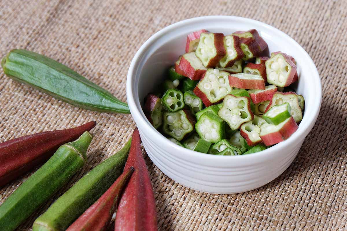 A close up horizontal image of red and green okra sliced in a bowl with whole pods set on the side.