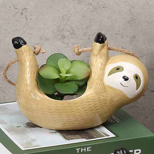A close up of a cute sloth-shaped planter.