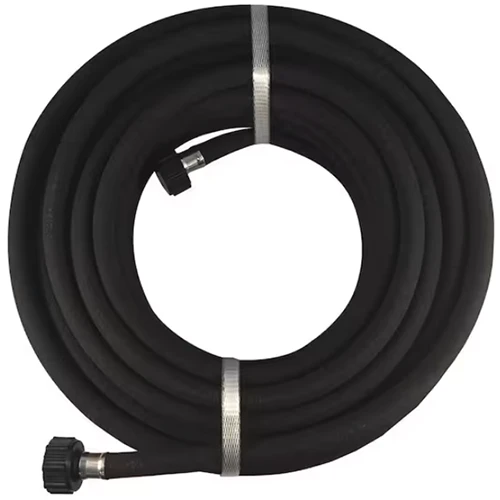 A close up of a black soaker hose isolated on a white background.