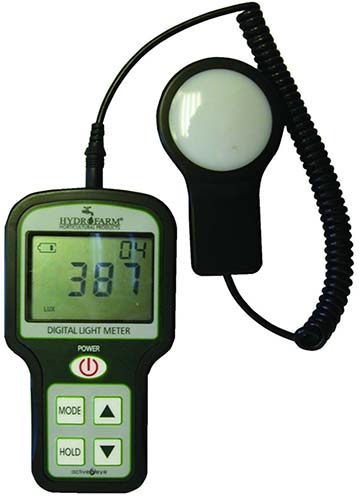 A close up of the Hydrofarm Active Eye LG17010 Digital Hand Held Sunlight Meter isolated on a white background.