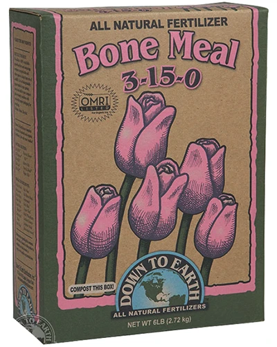 A close up of the packaging of Bone Meal All Natural Fertilizer isolated on a white background.