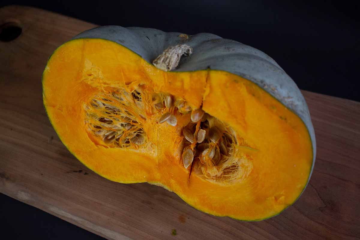 A close up horizontal image of a calabaza squash sliced in half and set on a wooden surface.