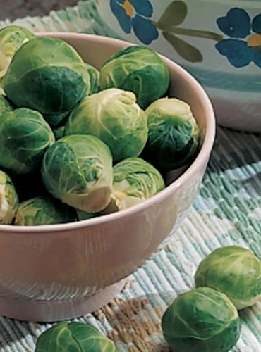 A close up of a bowl of 'Catskill' brussel sprouts, with some spilling over the side.