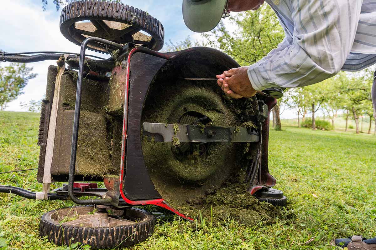 A close up horizontal image of a gardener with a mower on its side to clean the underside and blades.