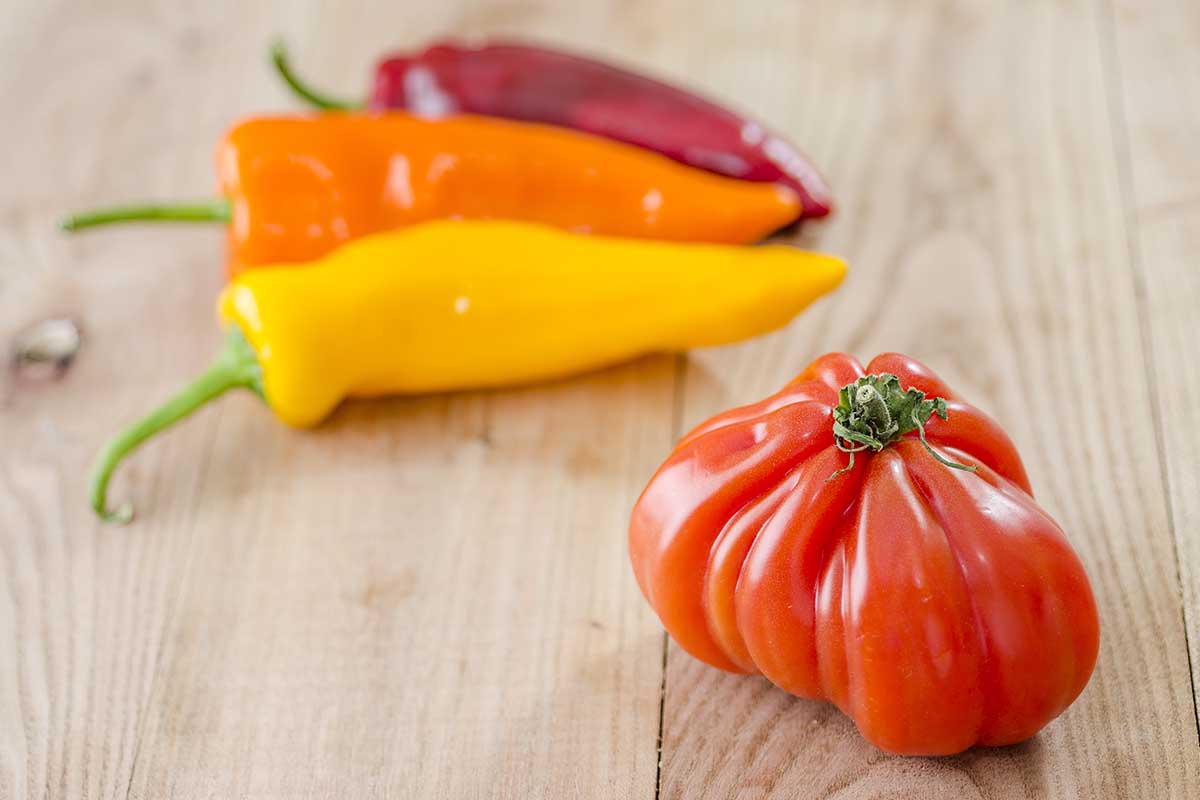 A close up horizontal image of a single 'Costoluto Genovese' fruit set on a wooden surface with three colorful peppers in soft focus in the background.