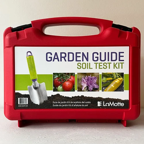 A close up square image of a Garden Guide Soil Test Kit set on a white surface.
