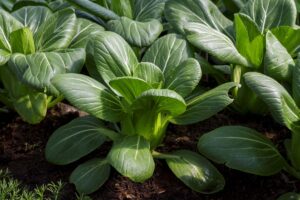 A close up of bok choy plants in the garden, their dark green leaves contrasting with the lighter veins and stems, in bright sunshine.