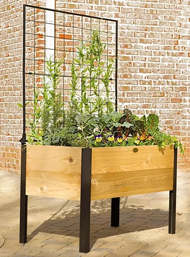 A close up of a wooden planter on legs with a trellis attached to the back, set outside a brick residence.