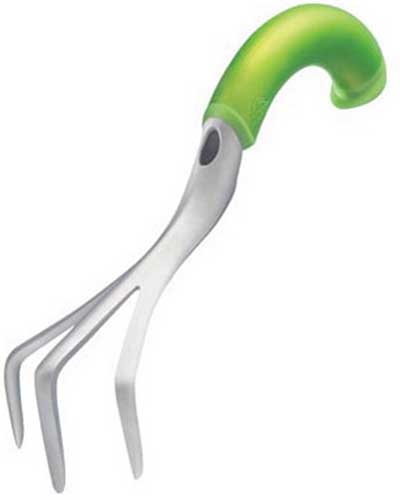 A close up of the Radius Garden Ergonomic Hand Cultivator isolated on a white background.