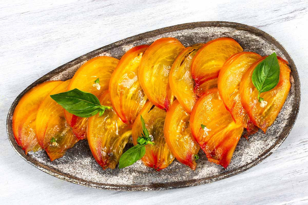 A close up horizontal image of sliced 'Hawaiian Pineapple' tomato on an oval platter with basil leaves.
