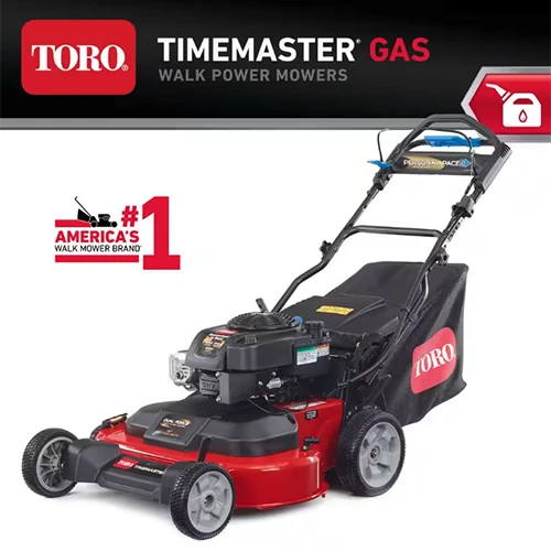 A close up square image of Toro Timemaster 21200 isolated on a white background. To the top of the frame is white and red printed text on a black background.
