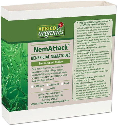 A close up of the packaging of NemAttack beneficial nematodes isolated on a white background.