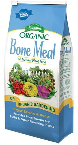 A close up of the packaging of Espoma Organic Bone Meal isolated on a white background.