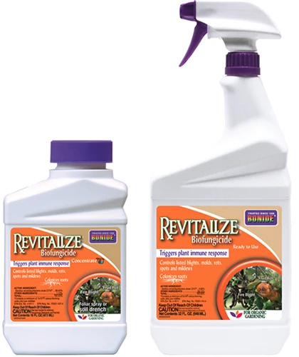 A close up of two bottles of Bonide Revitalize Biofungicide isolated on a white background.