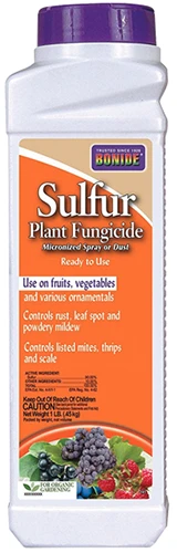 A close up of a bottle of Bonide Sulfur Fungicide isolated on a white background.