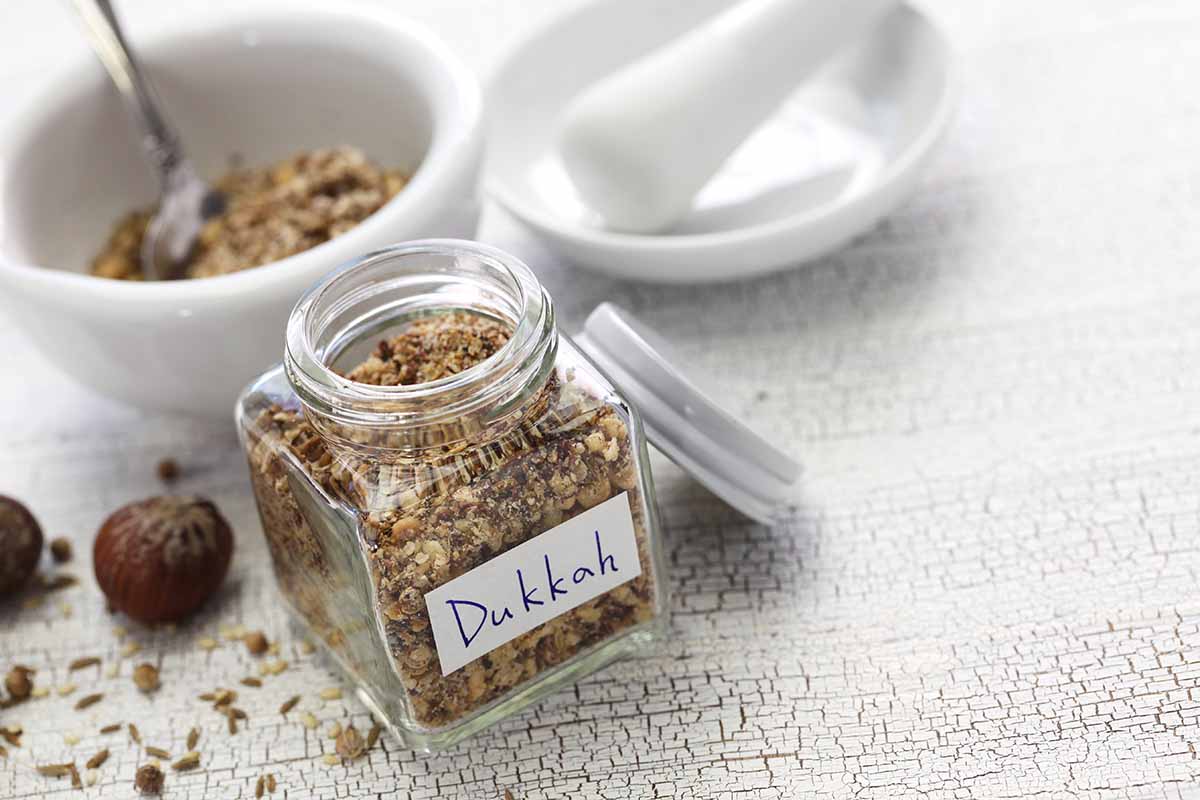 A close up horizontal image of a jar with fresh homemade dukkah set on a white surface.