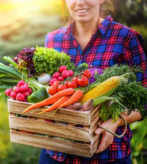 Young woman holding a wooden crate full of freshly harvested garden vegetables.