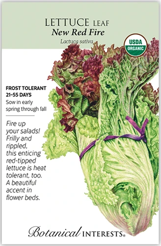 A vertical closeup image of the product label for 'New Red Fire' lettuce.