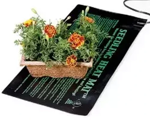 A close up of a heat mat with a tray of marigold seedlings isolated on a white background.