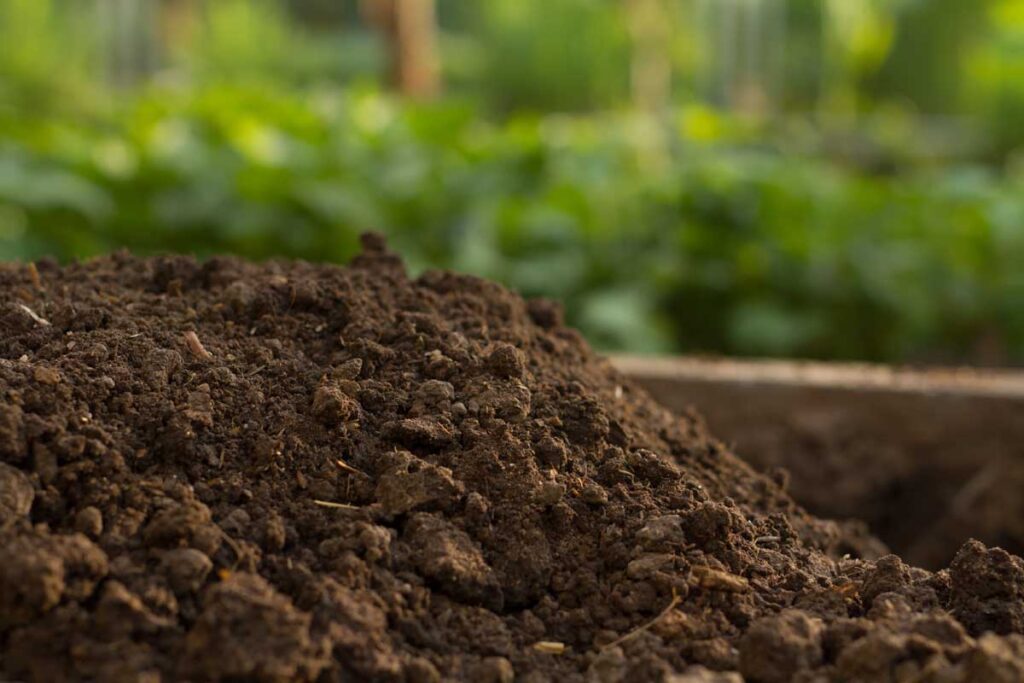 Close up of dark garden soil mixed with compost.