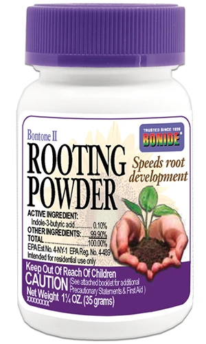 A vertical close-up image of the front of a bottle of Bonide's IBA rooting powder.