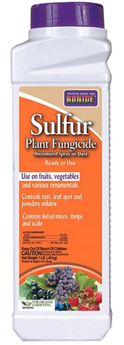 A close up of a bottle of Bonide Sulfur Plant Fungicide isolated on a white background.