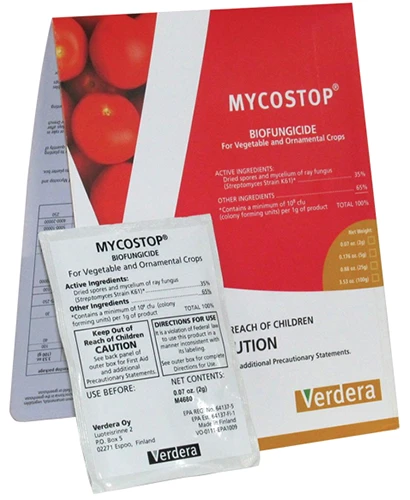A close up of the packaging of Mycostop biofugicide isolated on a white background.