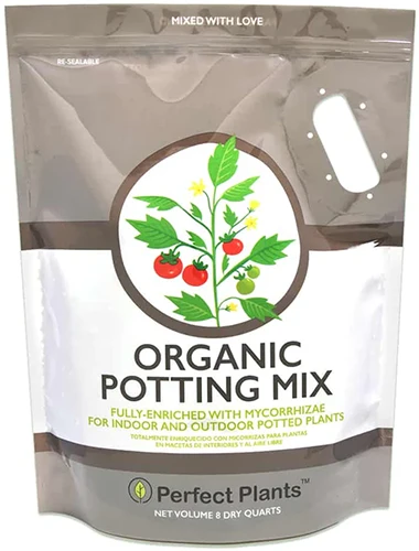 A close up of a bag of Perfect Plants Organic Potting Mix isolated on a white background.