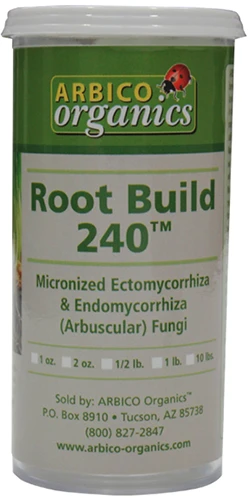 A close up of a bottle of Root Build 240 isolated on a white background.