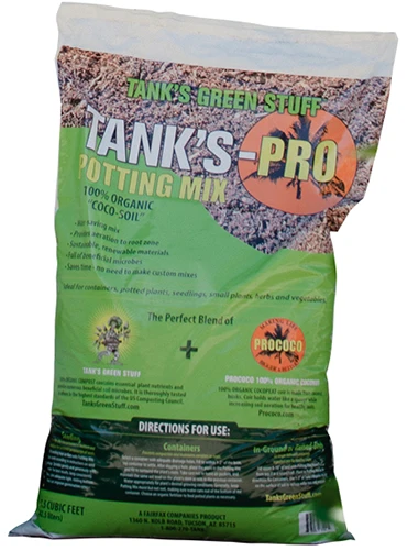 A close up of a bag of Tank's-Pro Potting Mix isolated on a white background.