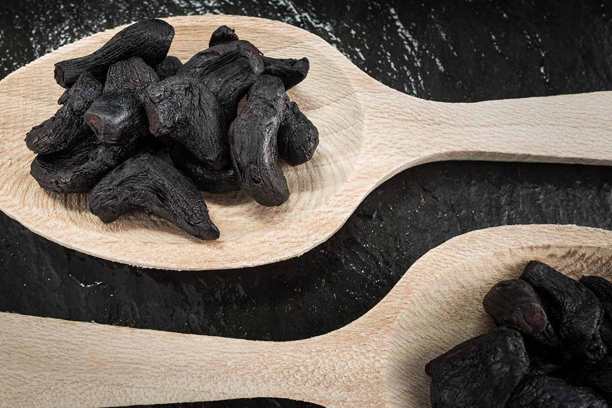 A close up horizontal image of black garlic cloves on wooden spoons artfully arranged on a dark surface.