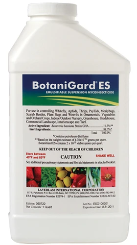 A close up of a bottle of BotaniGard ES isolated on a white background.