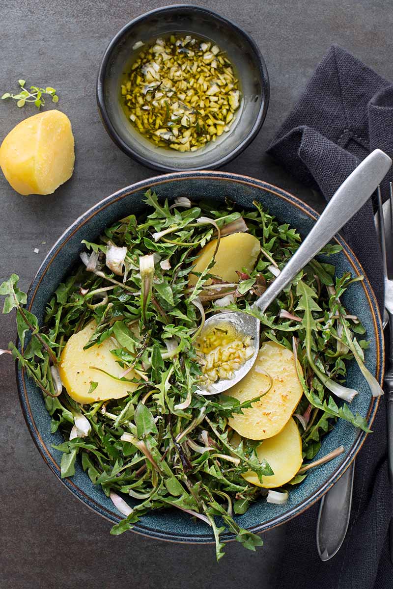 A vertical image of a bowl of freshly prepared green salad with potatoes, and a bowl of dressing above it.