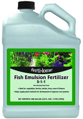 A close up of the packaging of Fertilome Fish Emulsion Fertilizer isolated on a white background.